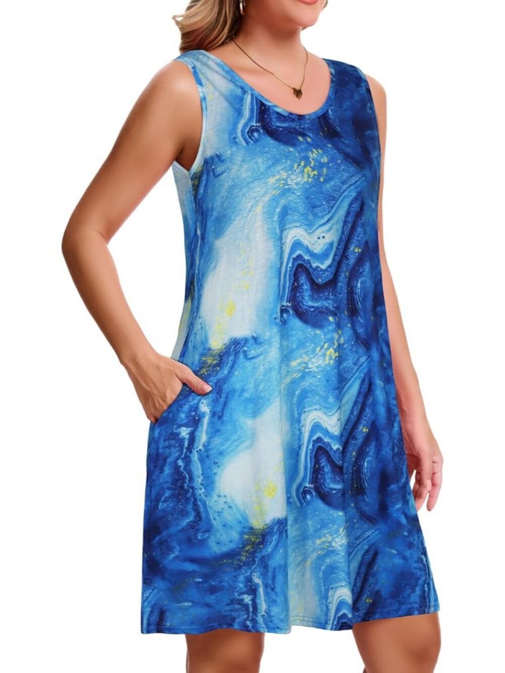 Women's Blue Stary Sky Casual Sleeveless Loose T Shirt V Neck Swing Mini Dress - Picture 3 of 5